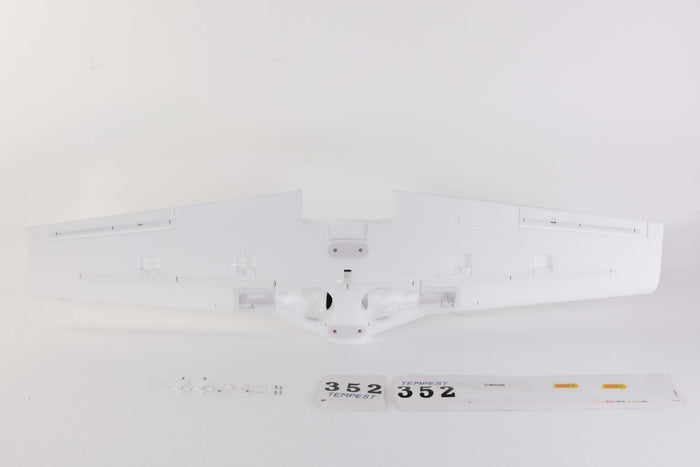 Underside view of 1100mm P-51 main wing in white with decals and assembly accessories