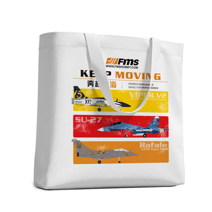 Customized FMS canvas bag with RC aircraft illustrations and 'KEEP MOVING' slogan