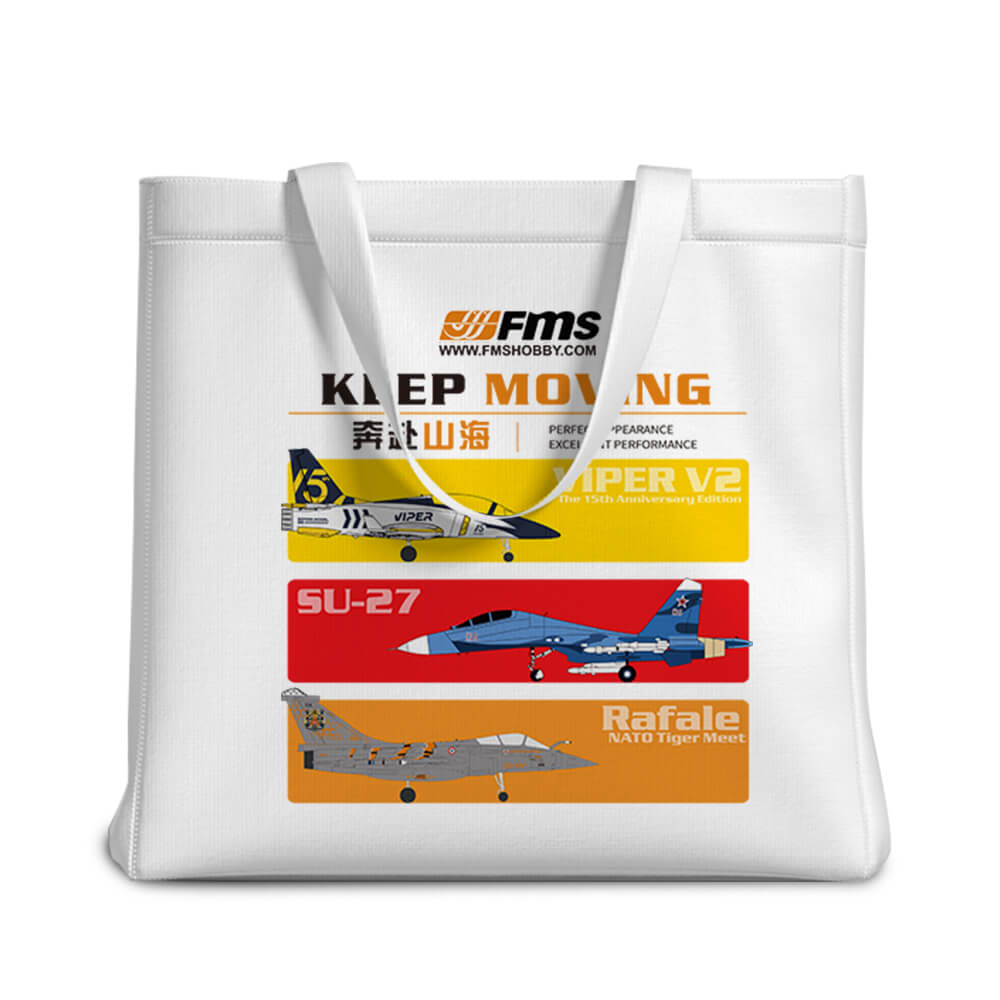 FMS customized canvas bag with RC aircraft designs and 'KEEP MOVING' text