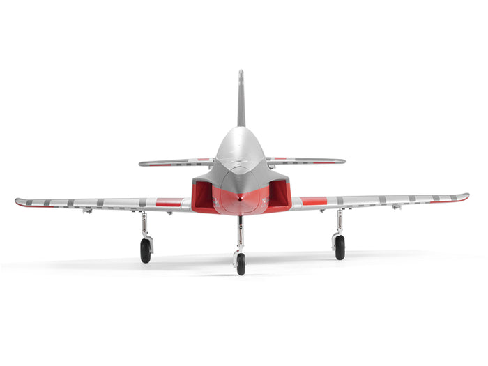 Red and silver FMS EDF Jet 64mm Futura PNP model airplane with landing gear deployed, front view.