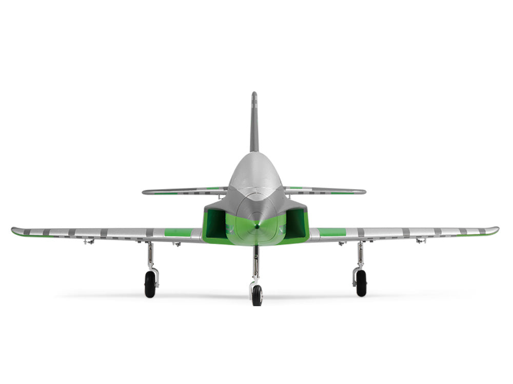Front view of the FMS 64mm Futura PNP EDF jet in green and silver, featuring metal landing gear.