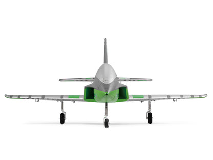 Front view of the FMS 64mm Futura PNP EDF jet in green and silver, featuring metal landing gear.