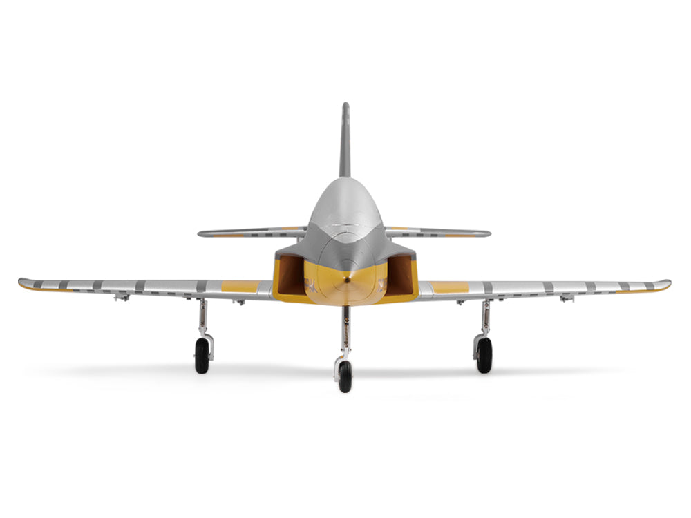 Front view of FMS 64mm Futura PNP EDF jet in yellow, silver, and gray, with landing gear extended.