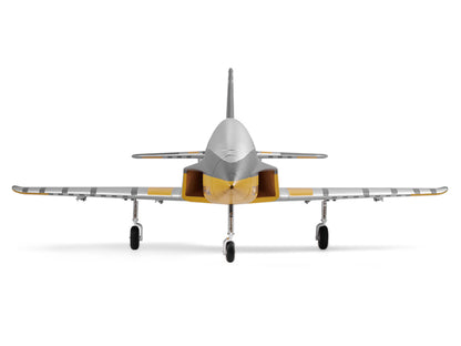 Front view of FMS 64mm Futura PNP EDF jet in yellow, silver, and gray, with landing gear extended.