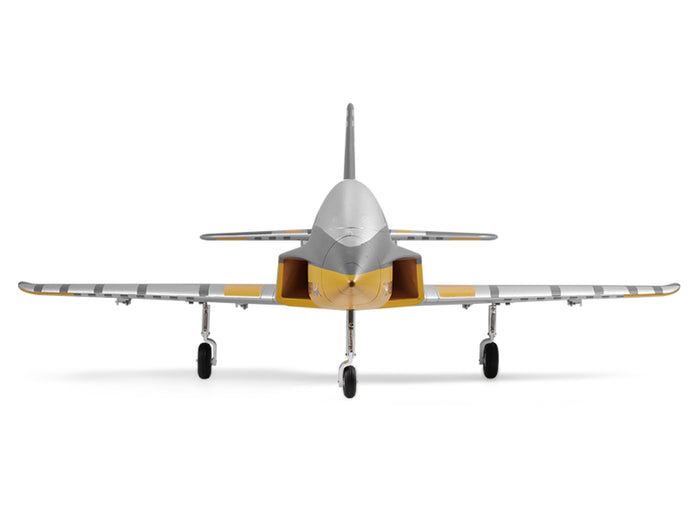 Front view of FMS 64mm Futura PNP EDF jet in yellow, silver, and gray, with landing gear extended.