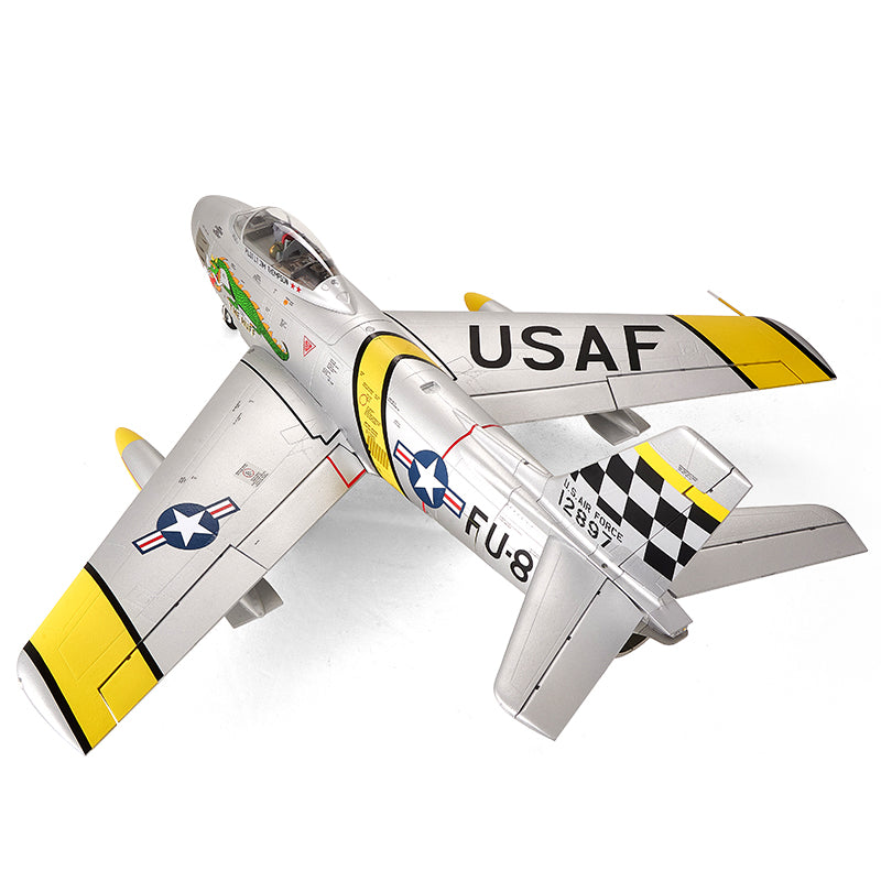 FMS EDF Jet 80mm F-86 Sabre PNP model airplane with USAF markings and yellow accents.