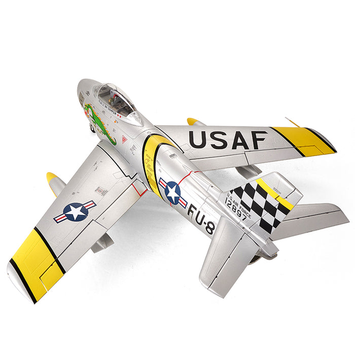 FMS EDF Jet 80mm F-86 Sabre PNP model airplane with USAF markings and yellow accents.