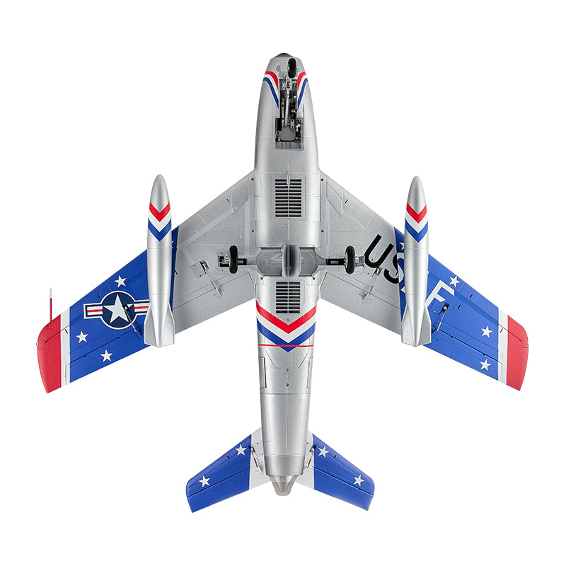 FMS 80mm EDF Jet F-86 Sabre PNP RC airplane, silver with blue and white star wings, extended landing gear.