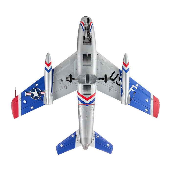 FMS 80mm EDF Jet F-86 Sabre PNP RC airplane, silver with blue and white star wings, extended landing gear.