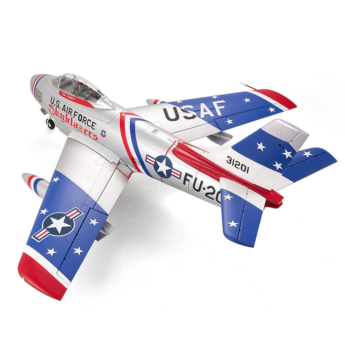 FMS 80mm EDF Jet F-86 Sabre PNP model in 'Skyblazer' paint scheme with USAF markings and star insignia.