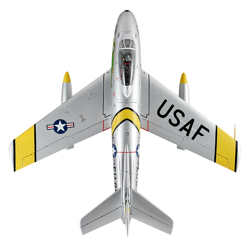 FMS EDF Jet 80mm F-86 Sabre PNP model in silver with USAF markings and yellow accents