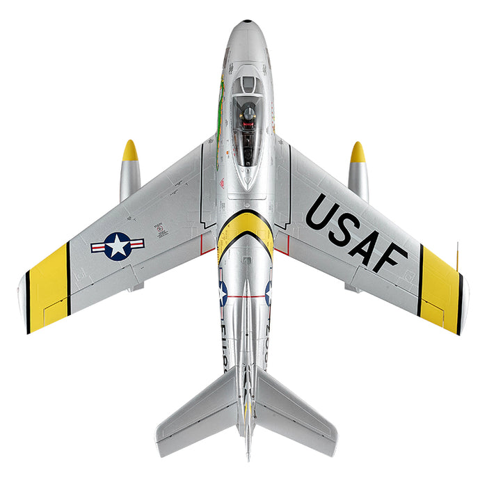 FMS EDF Jet 80mm F-86 Sabre PNP model in silver with USAF markings and yellow accents