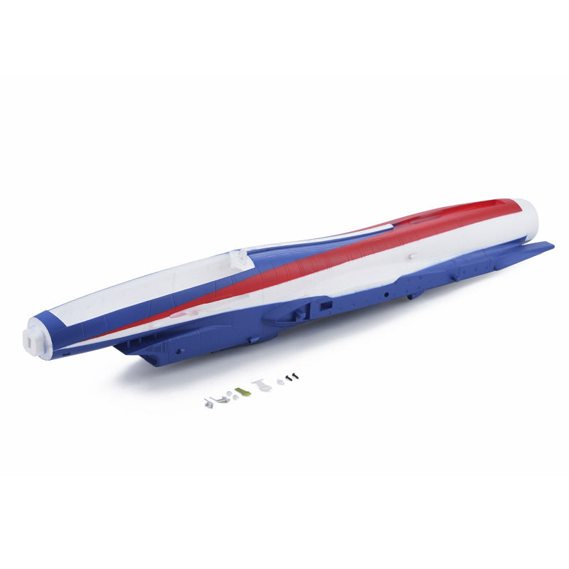 Gray and blue 64mm J-10 RC fuselage with assembly items for modelers