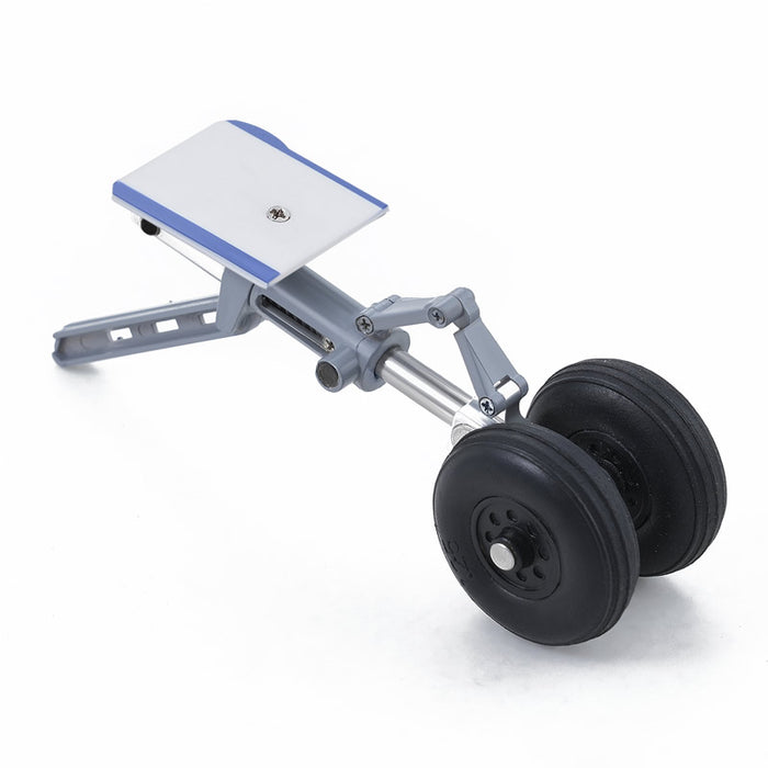 64mm J-10 front landing gear in gray and blue with dual black wheels.