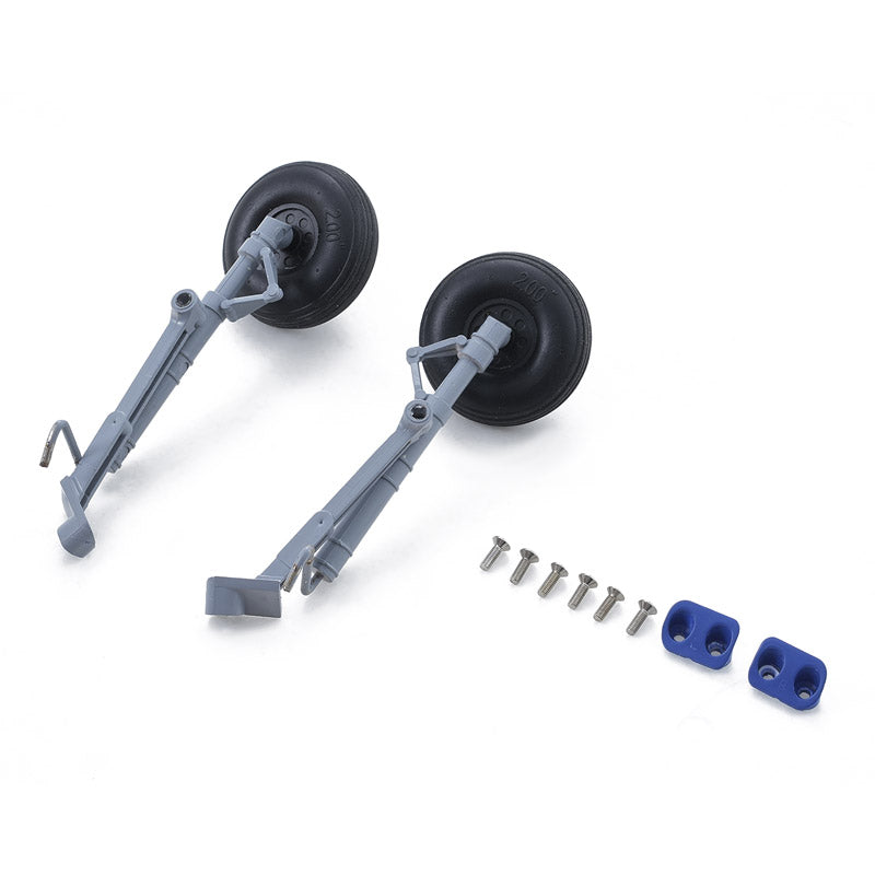 64mm J-10 landing gear set with gray and blue parts, screws, and connectors.