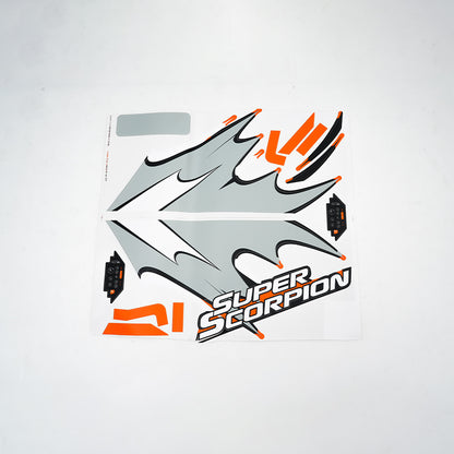 90mm Super Scorpion decals in gray, orange, and black with branding