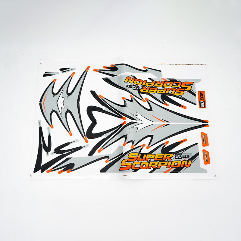 Dynamic decal sheet for 90mm Super Scorpion model in gray and orange designs