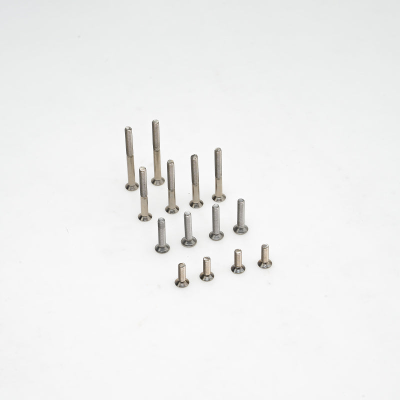 Set of metal screws for 90mm Super Scorpion V2 model, displayed in various sizes.