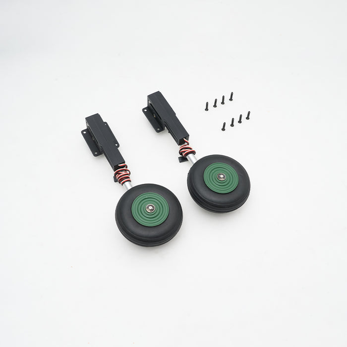 Main landing gear system for 70mm SU-27 and J-11 RC models with two wheels.