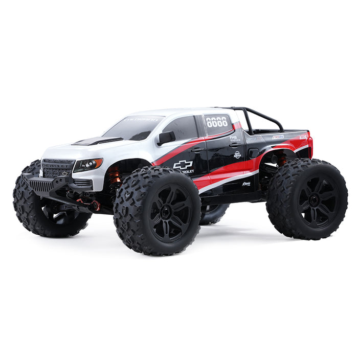 FMS 1:10 Brushless Chevrolet Colorado Basher RS 4WD RC truck with black wheels and red, black, and white body.