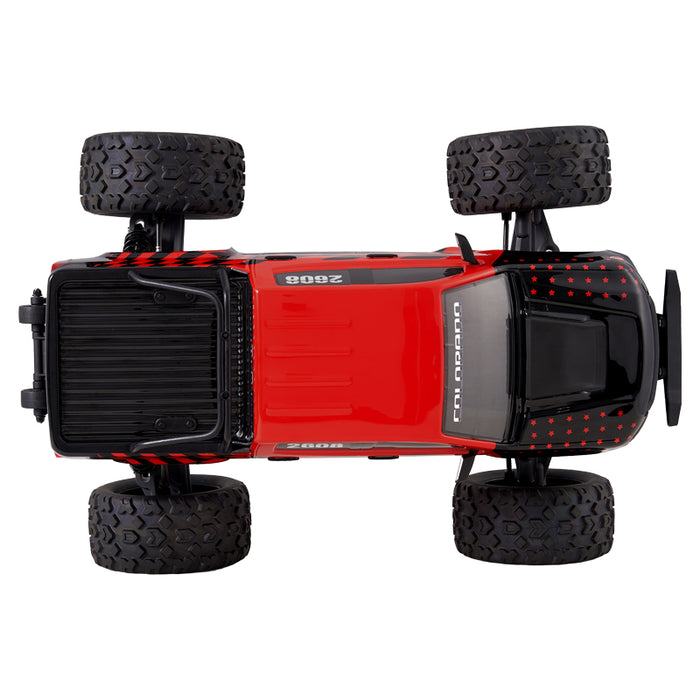 FMS 1:10 Chevrolet Colorado Basher RS 4WD, red and black monster truck with large tires, "COLORADO" text, and star accents.