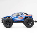 Blue FMS 1:24 FMT24 Chevrolet Colorado monster truck RTR with black wheels and racing graphics.