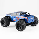 Blue FMS 1:24 Chevrolet Colorado monster truck RTR with large tires and racing graphics.