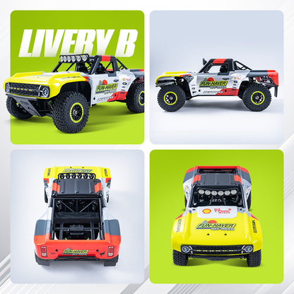 FMS 1:18 FSC18 Ford Bronco RTR RC car, Livery B. Views showcase yellow, white, red design.
