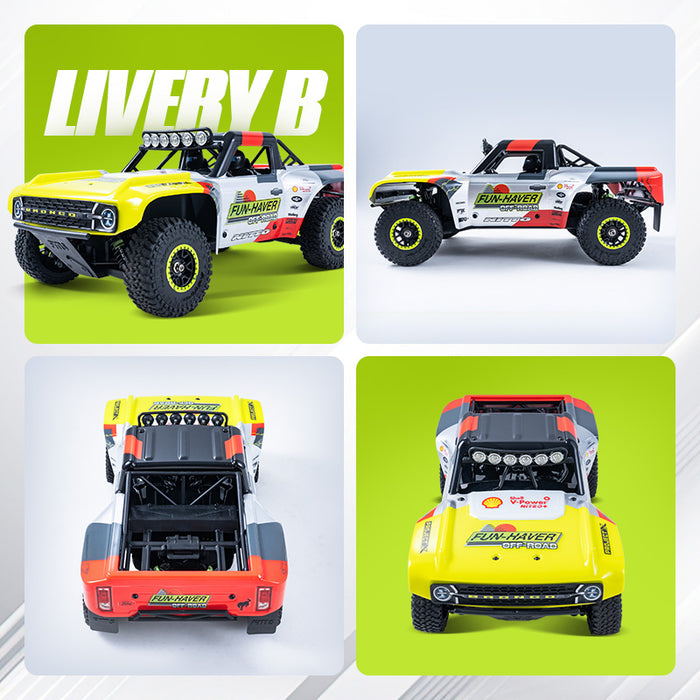FMS 1:18 FSC18 Ford Bronco RTR RC car, Livery B. Views showcase yellow, white, red design.