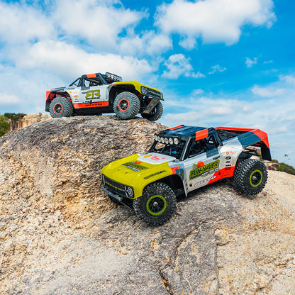 FMS 1:18 Ford Bronco RTR RC trucks on rocks, one with Fun-Haver Off-Road graphics.