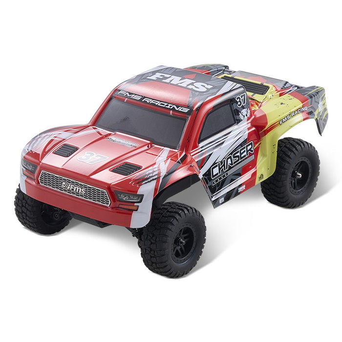 FMS 1:24 scale Chaser short course truck in red with racing graphics and 'CHASER' text.