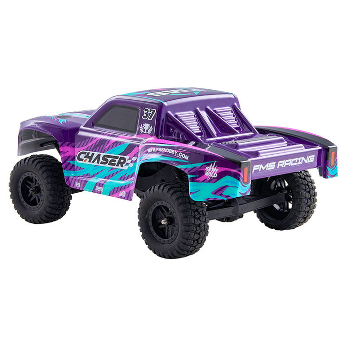 FMS 1:24 Chaser short course truck, purple with teal/pink graphics. 'CHASER' & 'FMS RACING' text.