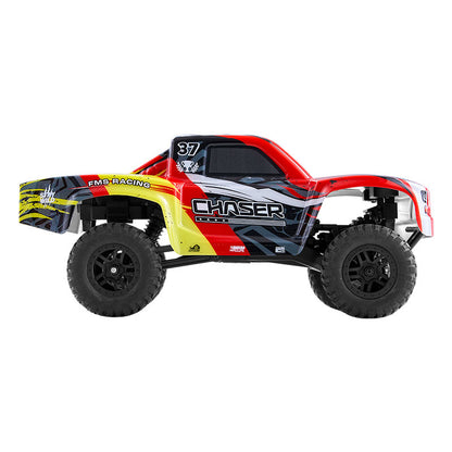 FMS 1:24 FSC24 Chaser Short Course Truck in red, yellow, and black with "CHASER" branding.