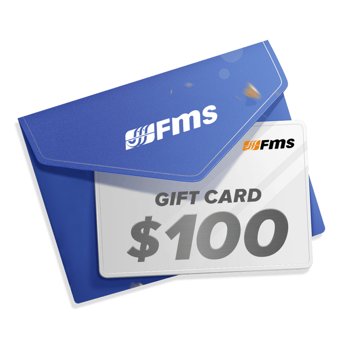 $100 FMS gift card displayed with blue envelope and FMS branding.