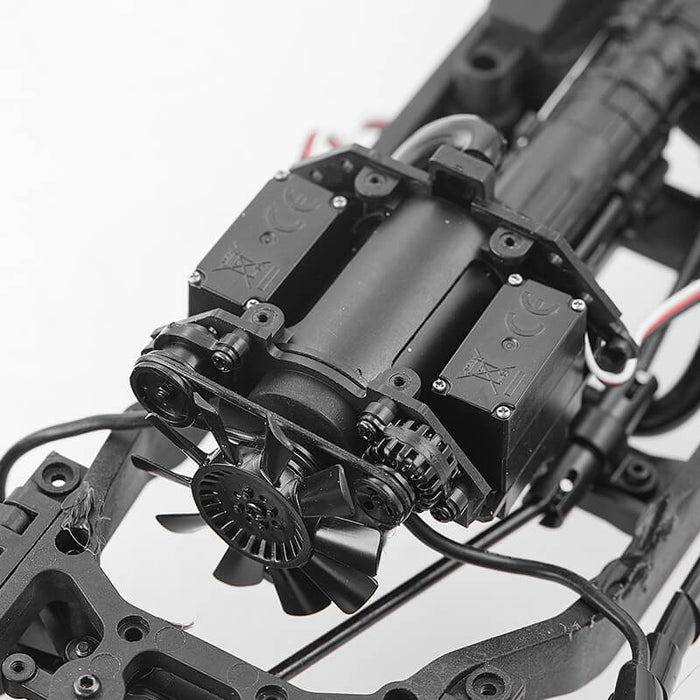 FMS 1:12 Hummer H1 Alpha RTR chassis with 370 brushed motor, fan, servos, and gears