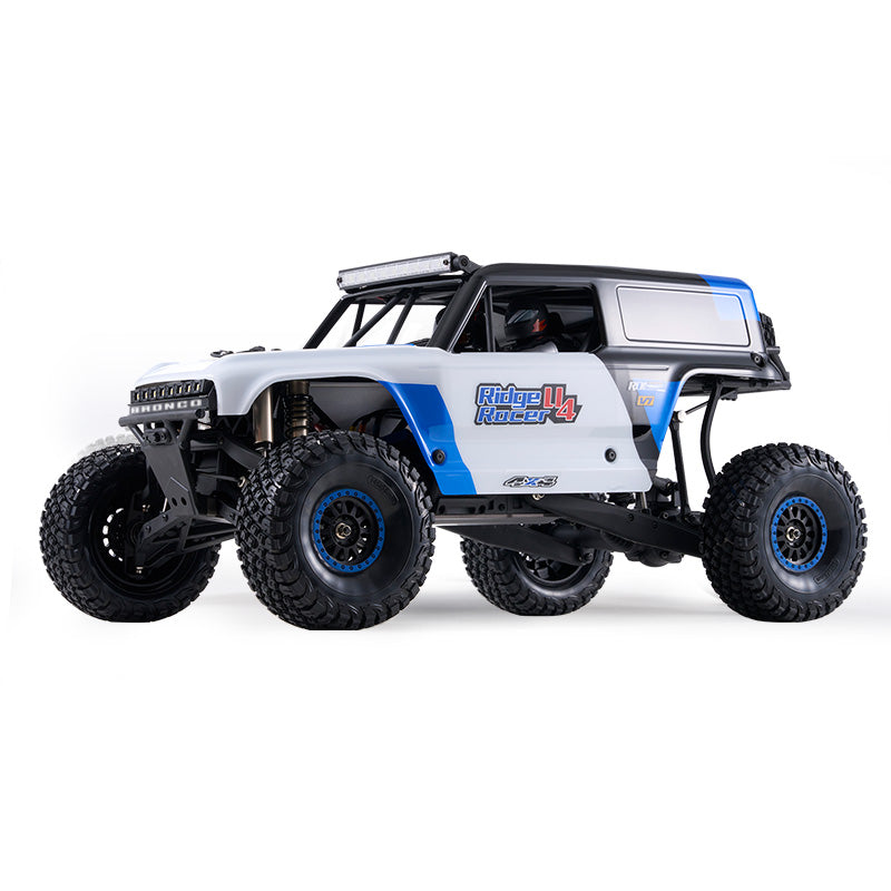 ROCHOBBY 1:7 Ridge Racer U4 desert buggy, white with blue accents, black roll cage, and LED light bar.