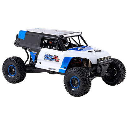 ROCHOBBY 1:7 Ridge Racer U4 desert buggy RC car, white with blue accents, large off-road tires, light bar.