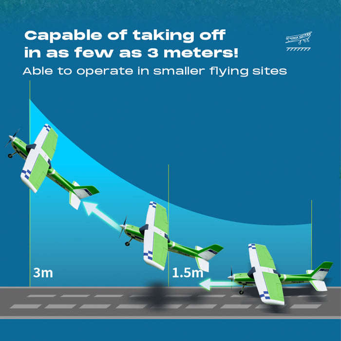 FMS 1220mm Ranger RC plane's short takeoff: 3m capability for small sites.
