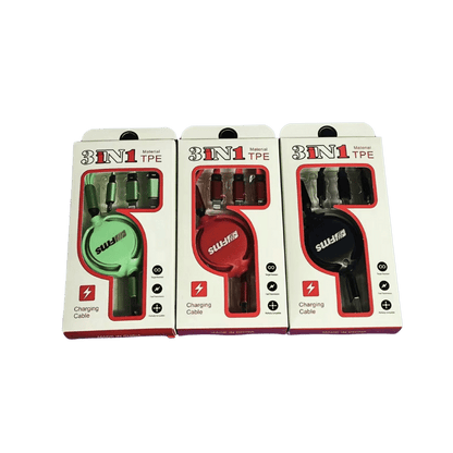 3-in-1 USB charging cables in green, red, and black packaging