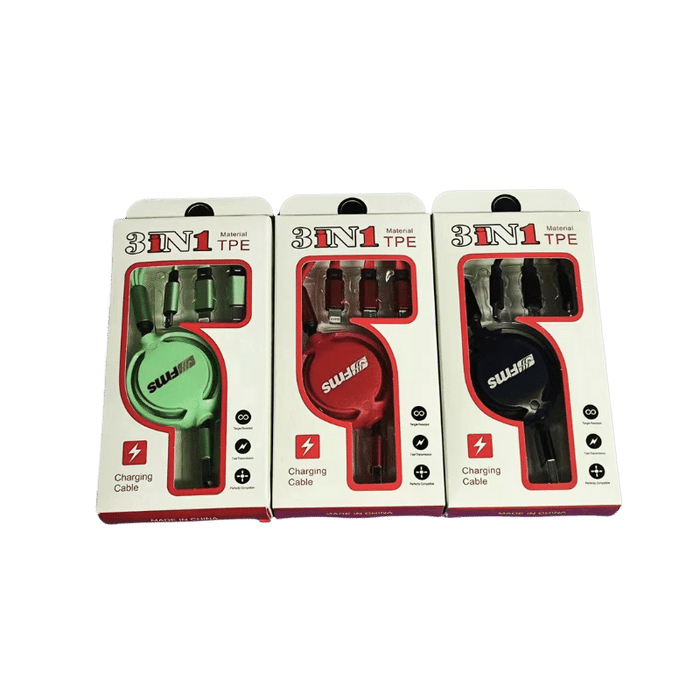 3-in-1 USB charging cables in green, red, and black packaging
