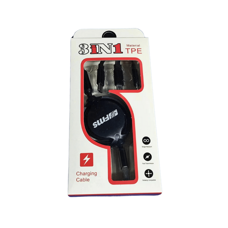 3-in-1 USB charging cable packaged in black with TPE material.