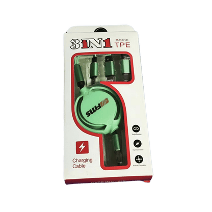 3-in-1 retractable USB charging cable in green TPE packaging