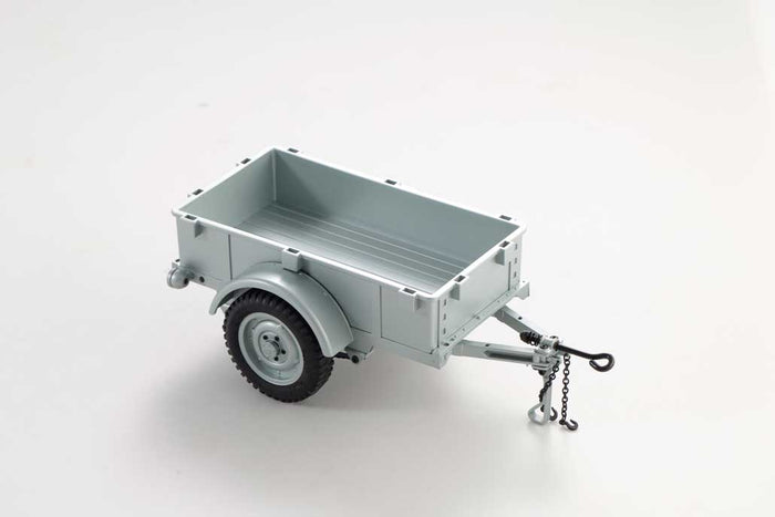1:18 scale utility trailer model in gray with detailed wheels and hitch.