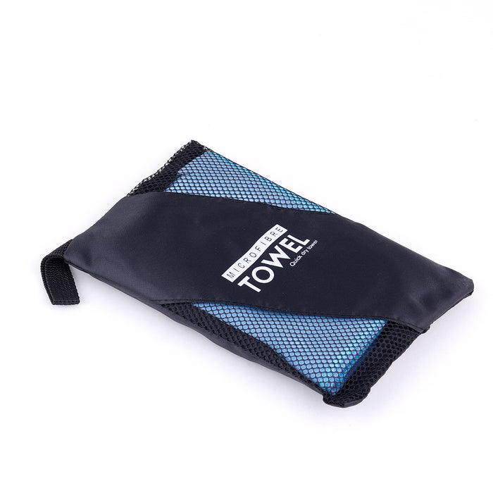 Compact black FMS microfibre towel with blue mesh pocket for easy carrying