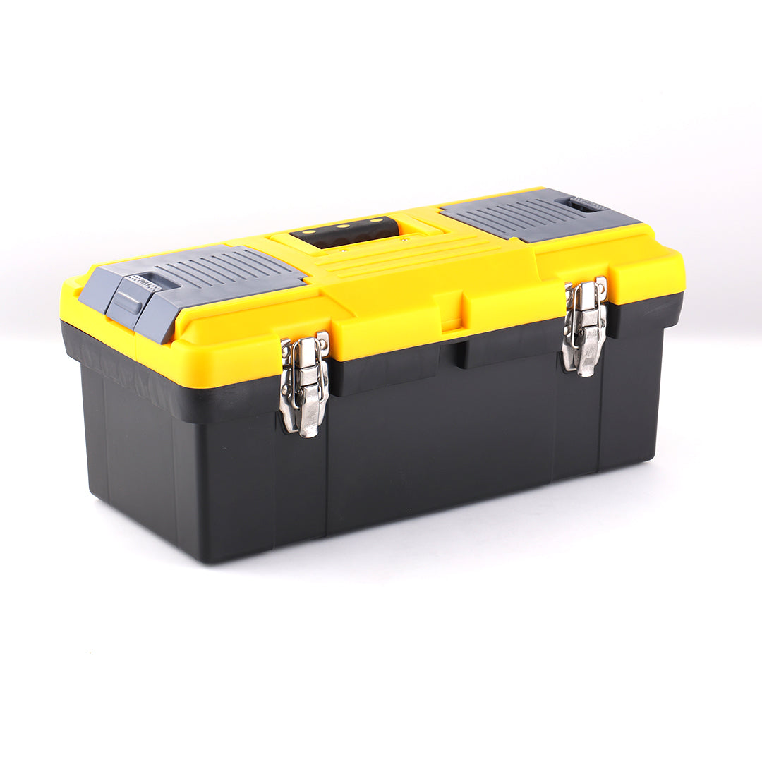 Yellow and black tool container with secure metal latches and durable design
