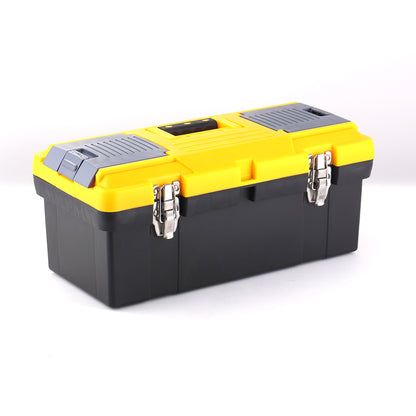 Yellow and black tool container with secure metal latches and durable design