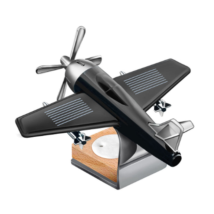 Black and silver model airplane on wooden base with metal stand