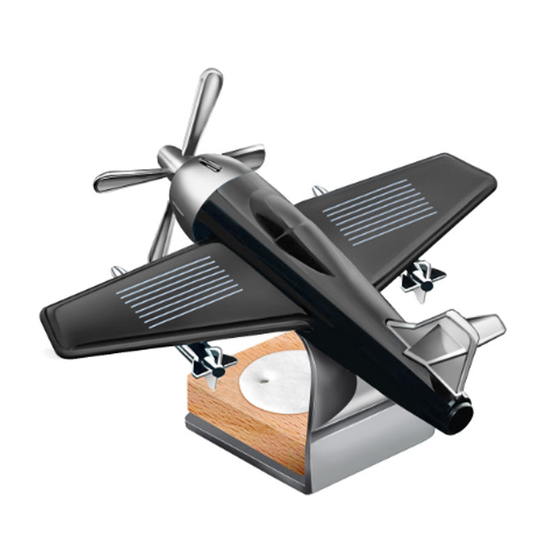 Black and silver model airplane on wooden base with metal stand