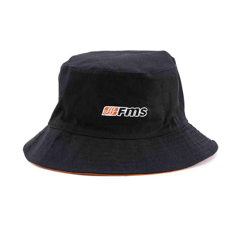 Black FMS bucket hat featuring embroidered logo and orange trim