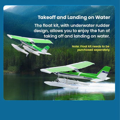 FMS Ranger V2 RC plane with floats taking off and landing on water.
